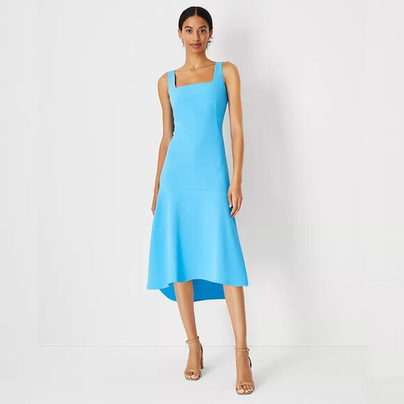 Ann Taylor Square Neck Hi-Lo Flare Blue Dress - Picture 1 of 9